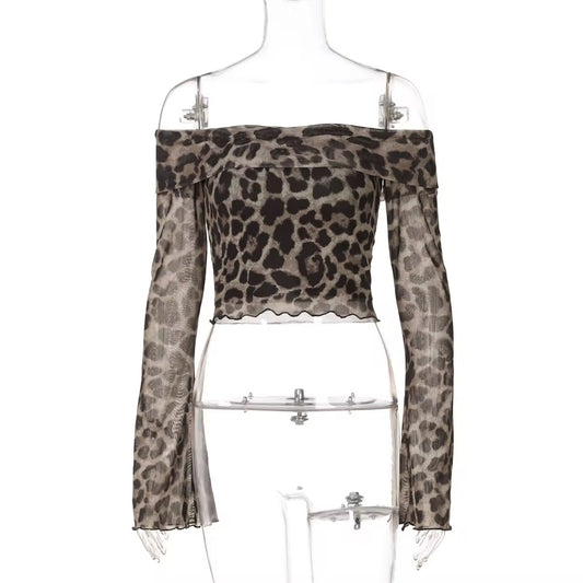 OFF-SHOULDER LEOPARD PRINT BELL SLEEVE TOP