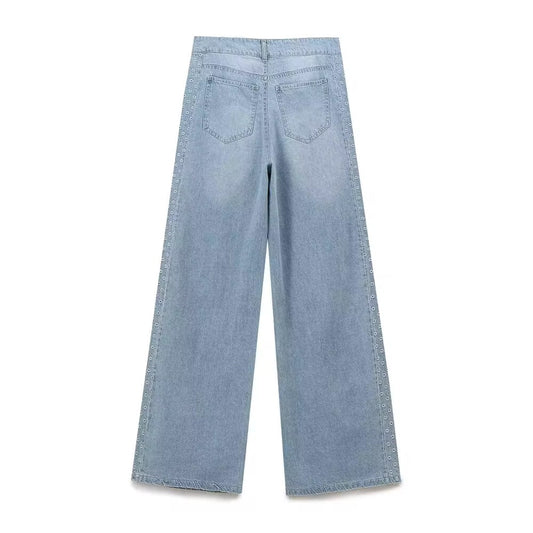 Embroidered Straight Wide-leg Jeans in Grey Blue