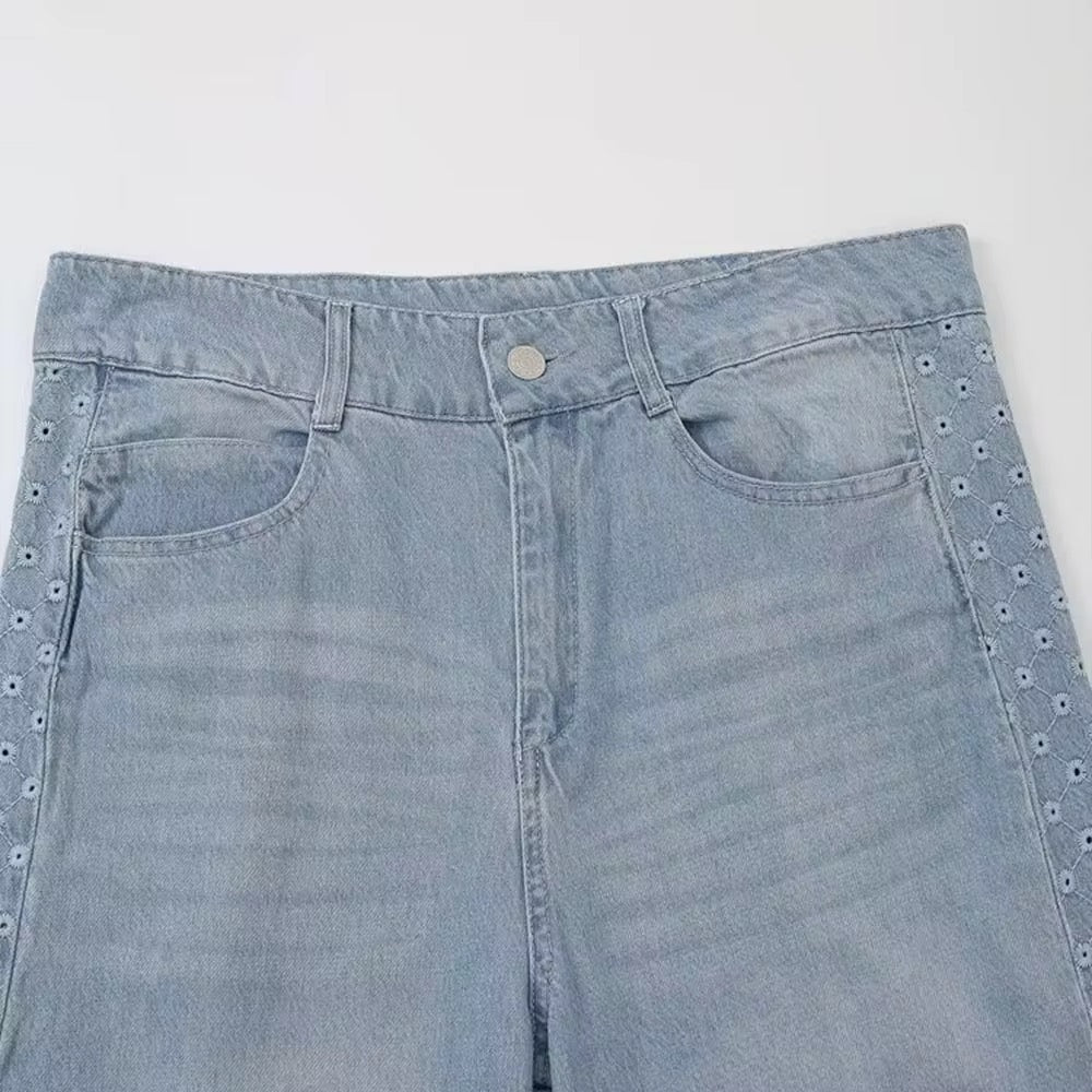 Embroidered Straight Wide-leg Jeans in Grey Blue