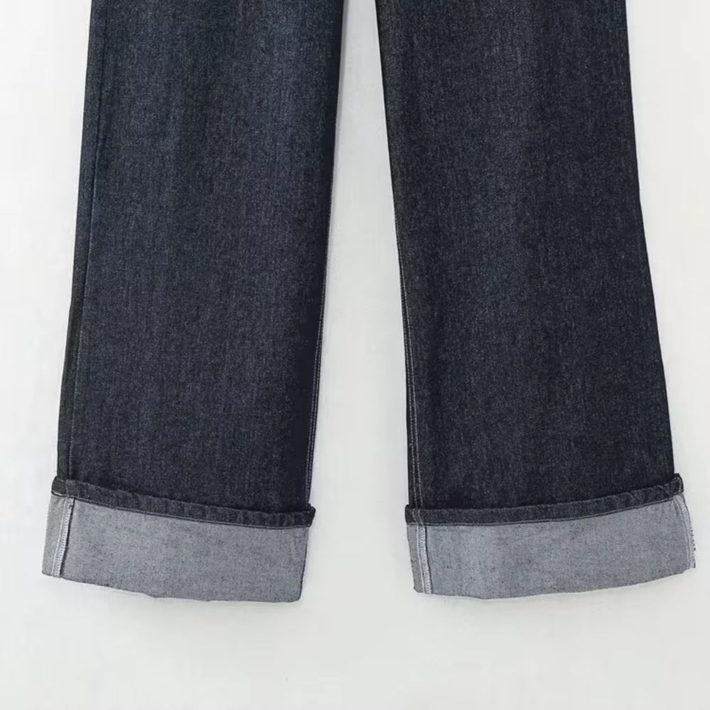Cuffed Turn-up Straight High Waist Jeans in Navy Blue
