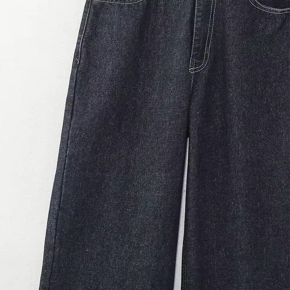 Cuffed Turn-up Straight High Waist Jeans in Navy Blue