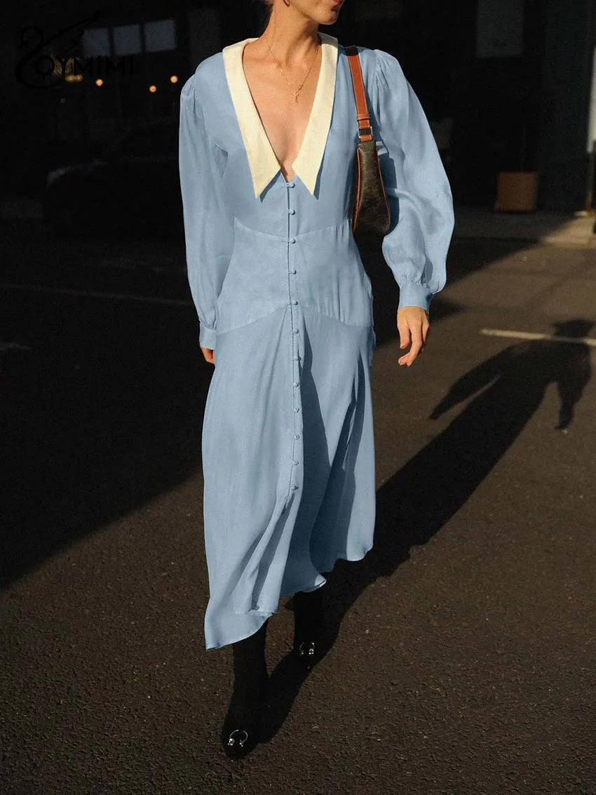 MICRO COLLAR BLUE LONG SLEEVED DRESS