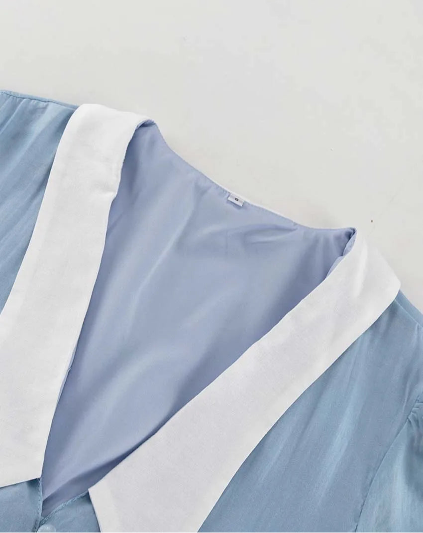MICRO COLLAR BLUE LONG SLEEVED DRESS