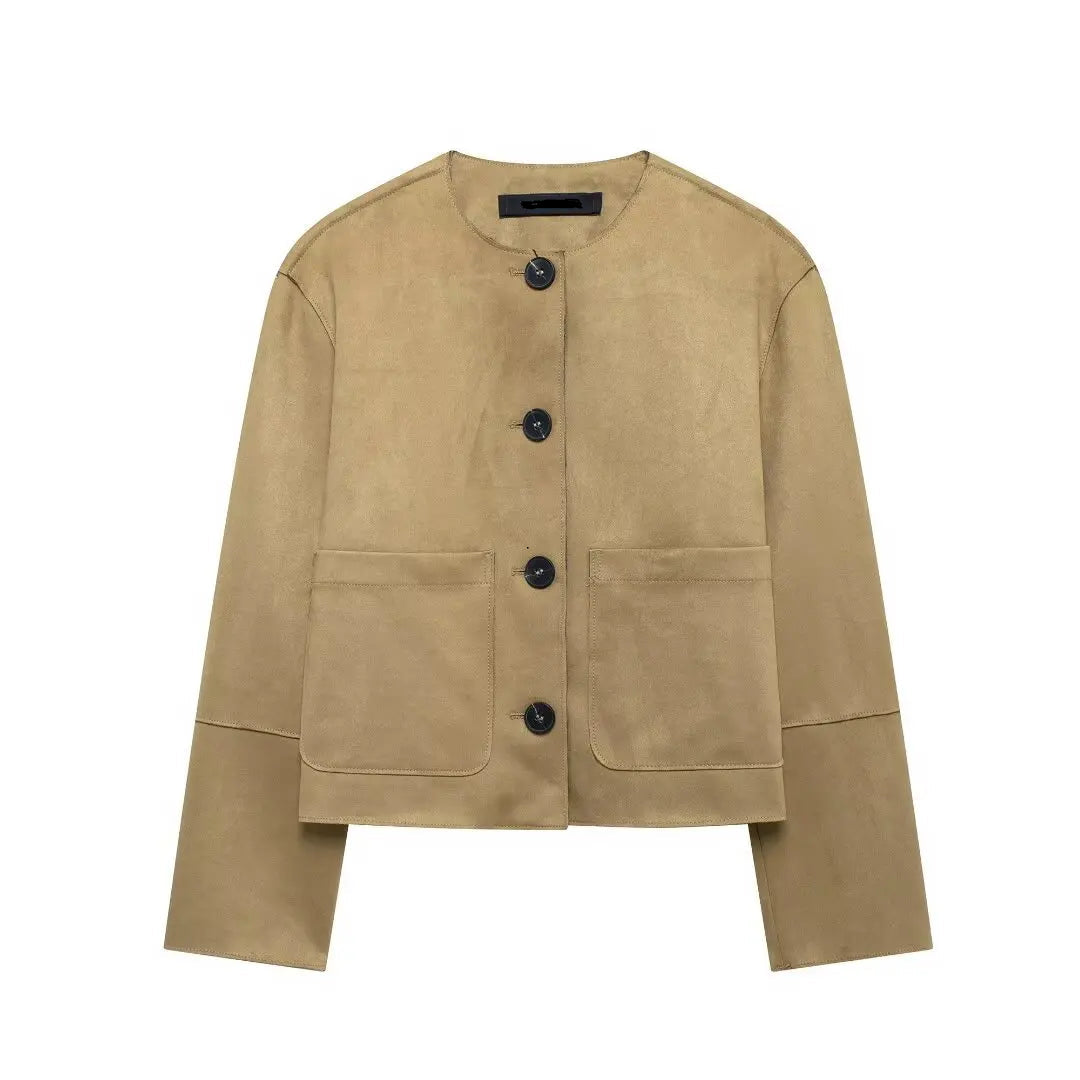 Beige jacket with black buttons on a white background