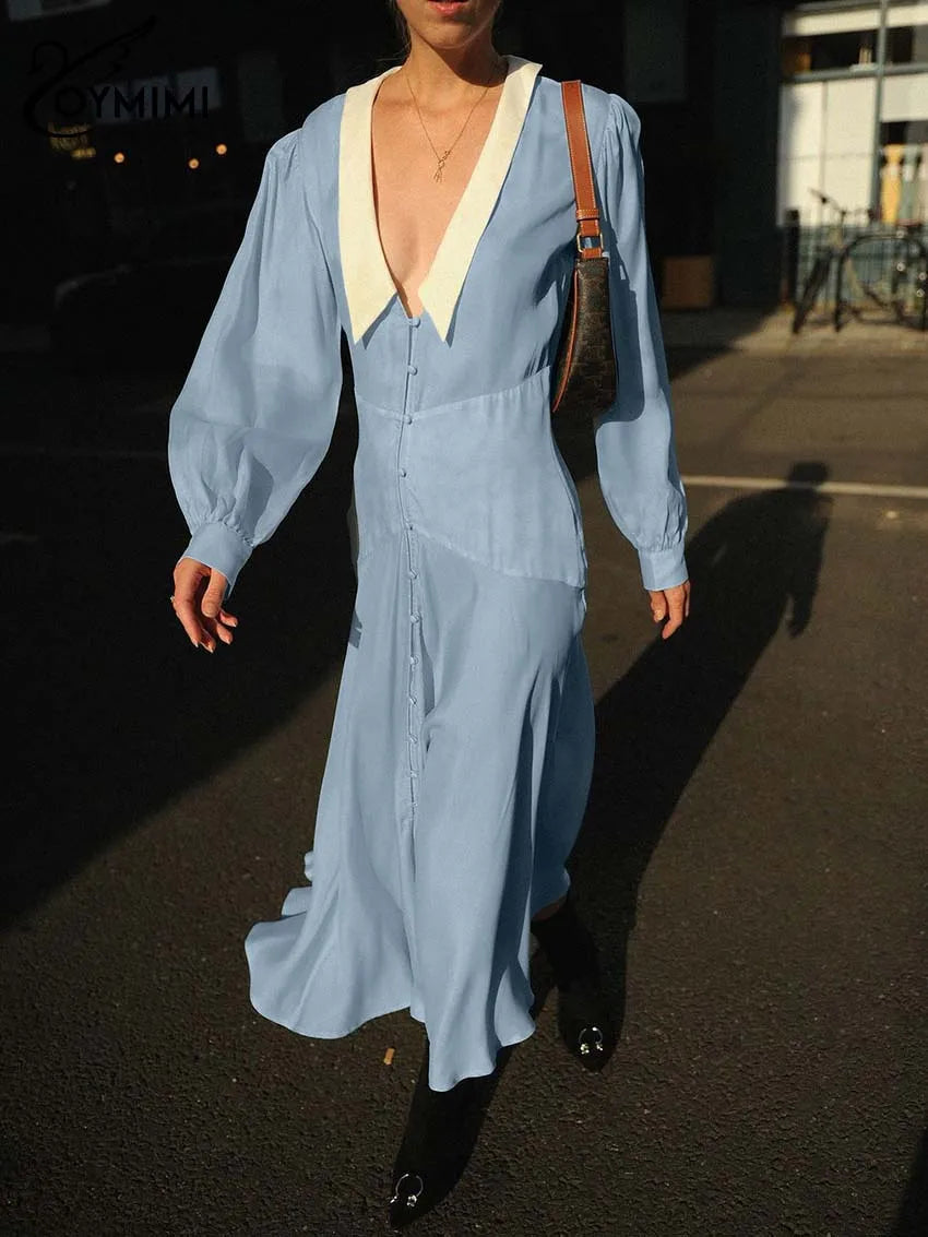 MICRO COLLAR BLUE LONG SLEEVED DRESS