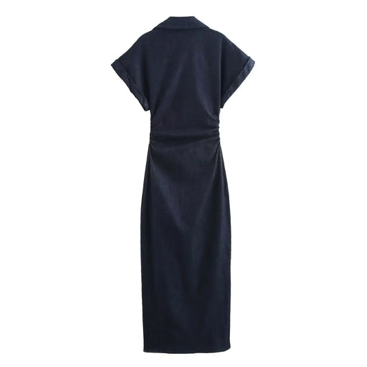 dark blue denim dress with short sleeves on a white background