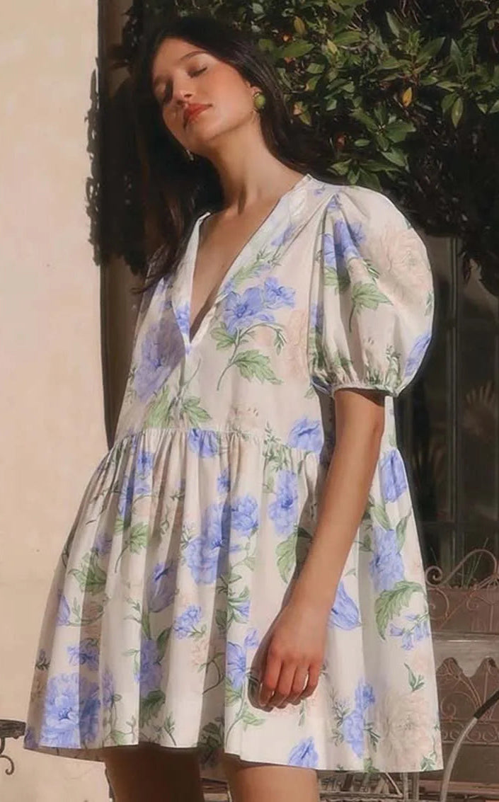 BLUE FLORAL PUFF SLEEVE DRESS