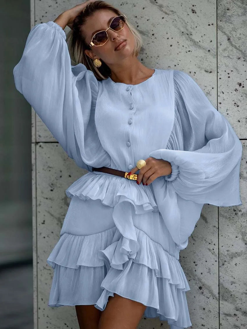 BATWING SLEEVE RUFFLED BLOUSE DRESS