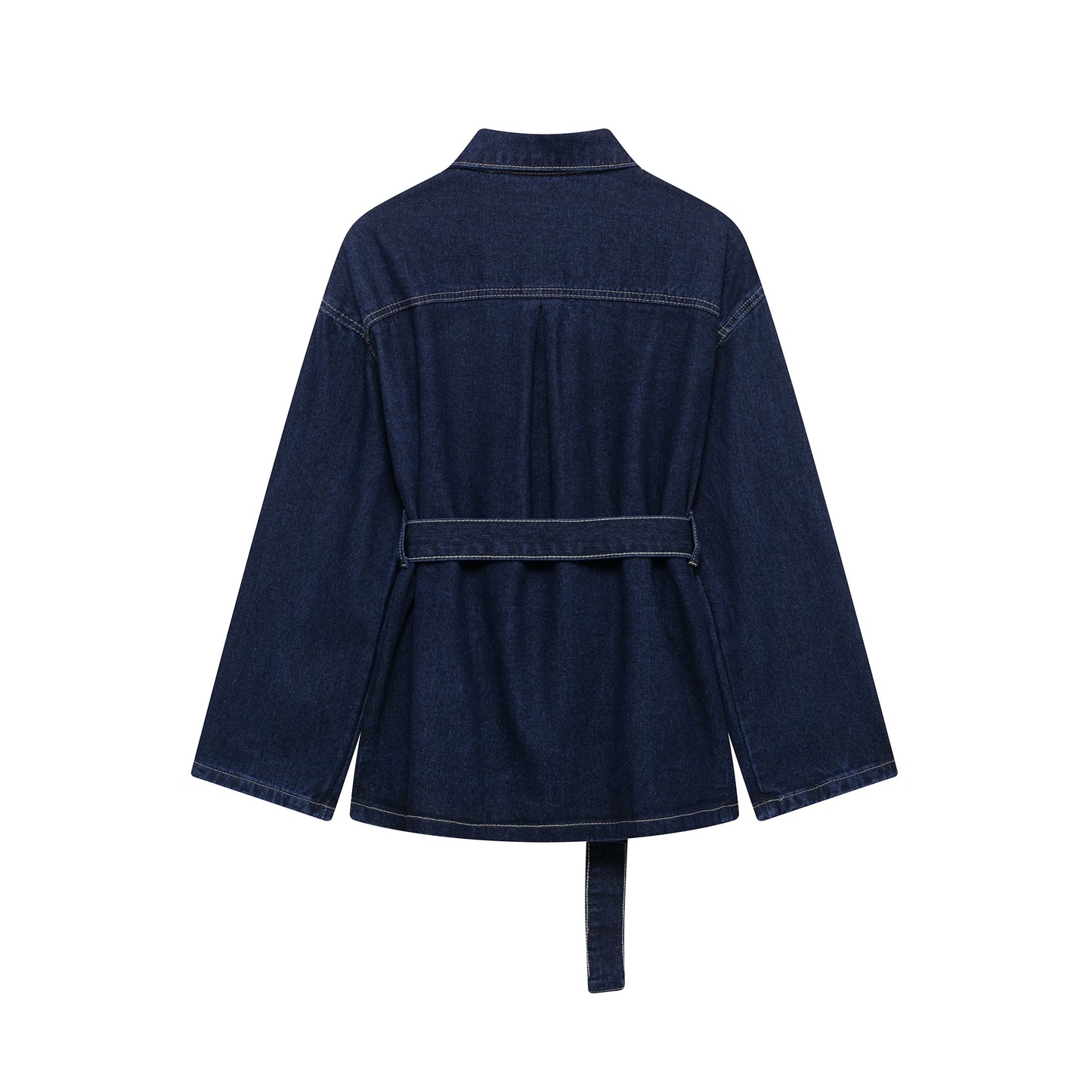Dark blue denim jacket with a belt on a white background