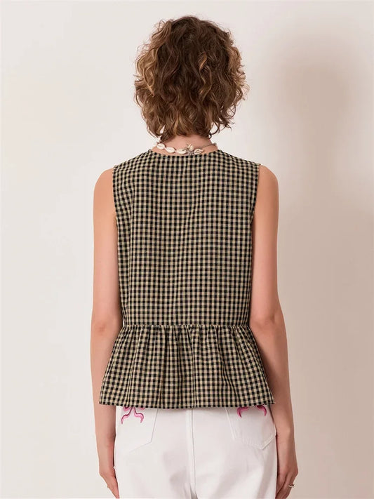SLEEVELESS TIE-FRONT GINGHAM BLOUSE