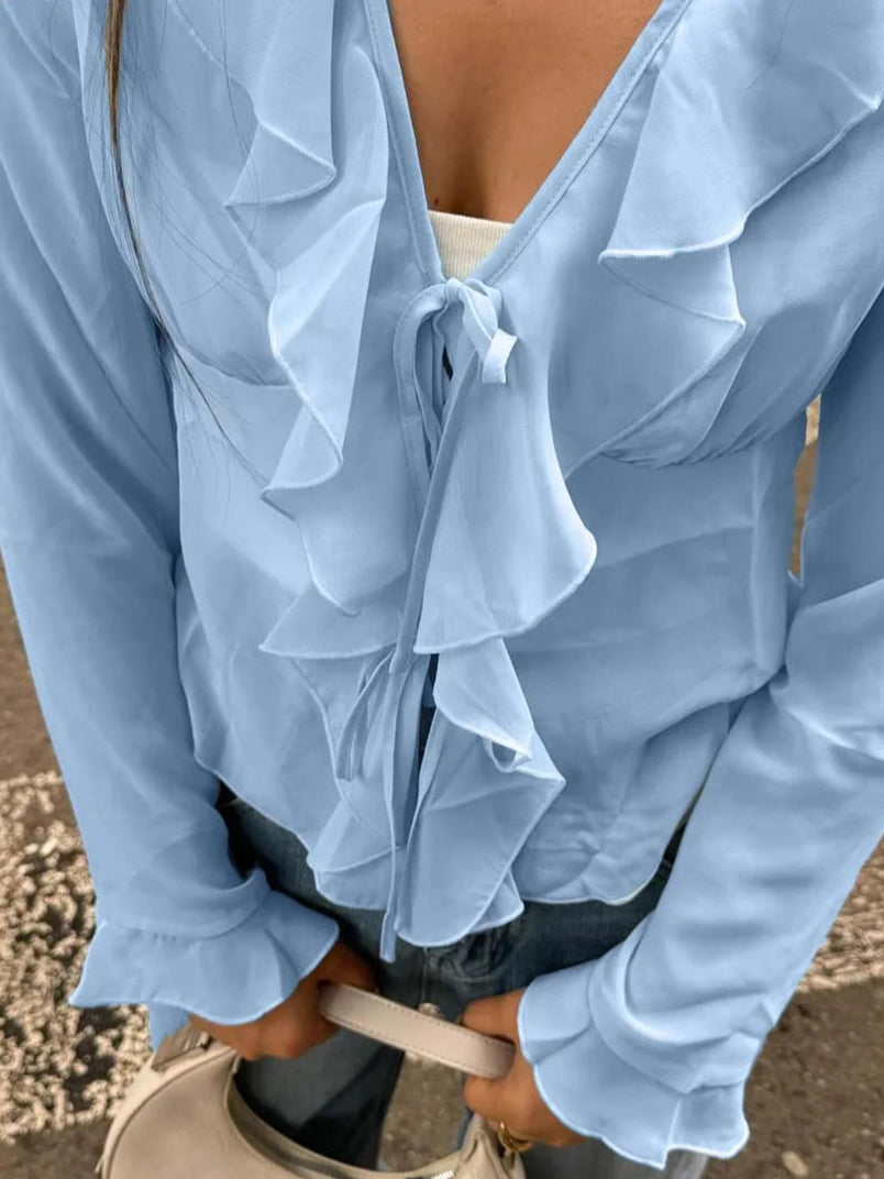 RUFFLED BLUE LONG SLEEVED BLOUSE