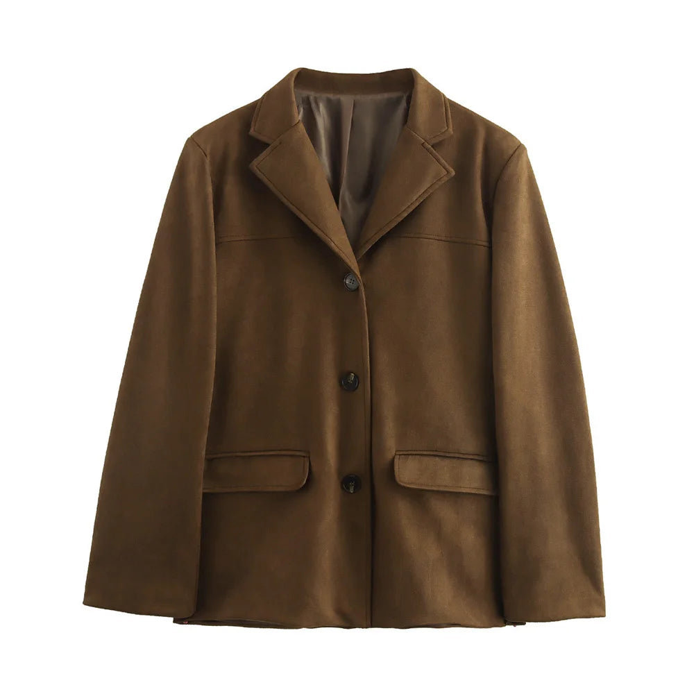 Brown jacket with button details on a white background