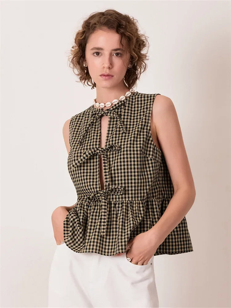 SLEEVELESS TIE-FRONT GINGHAM BLOUSE