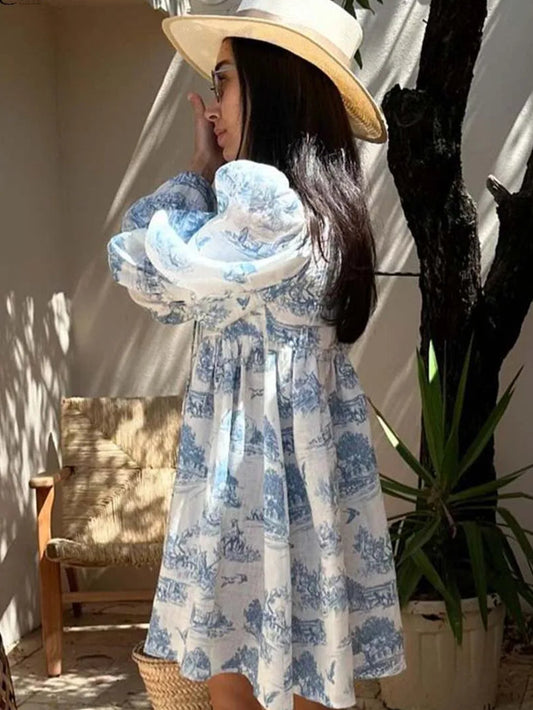 RUFFLED SLEEVE TIE-FRONT TOILE DRESS