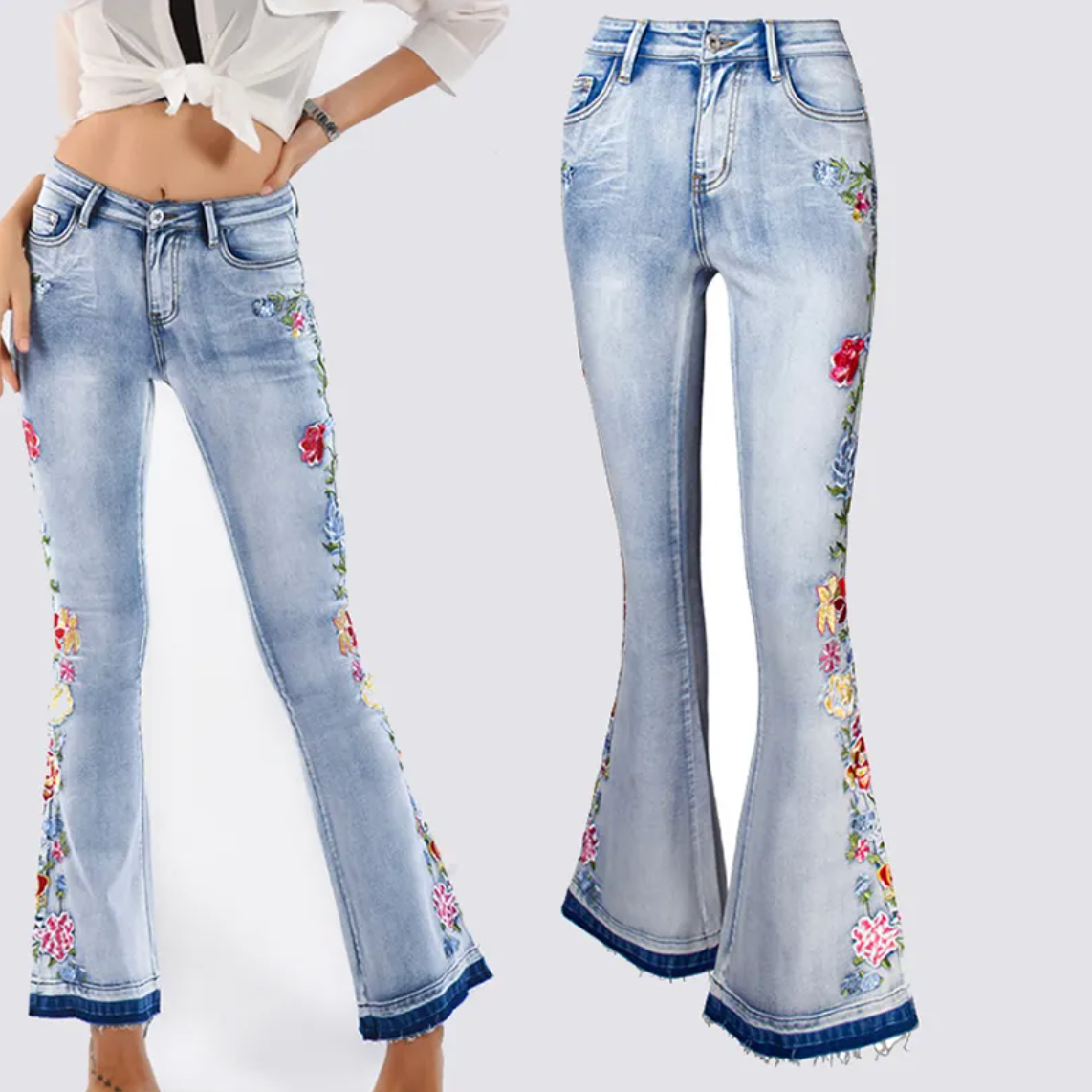 FLORAL DETAIL FLARE JEANS