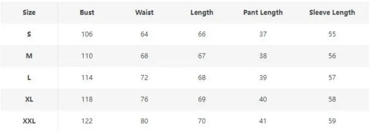 Size chart for clothing with measurements in centimeters