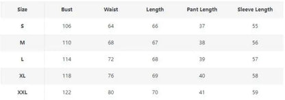 Size chart for clothing with measurements in centimeters