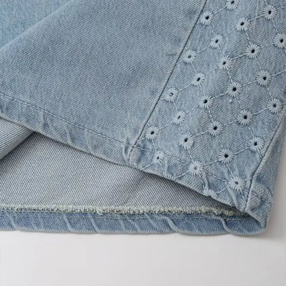 Embroidered Straight Wide-leg Jeans in Grey Blue