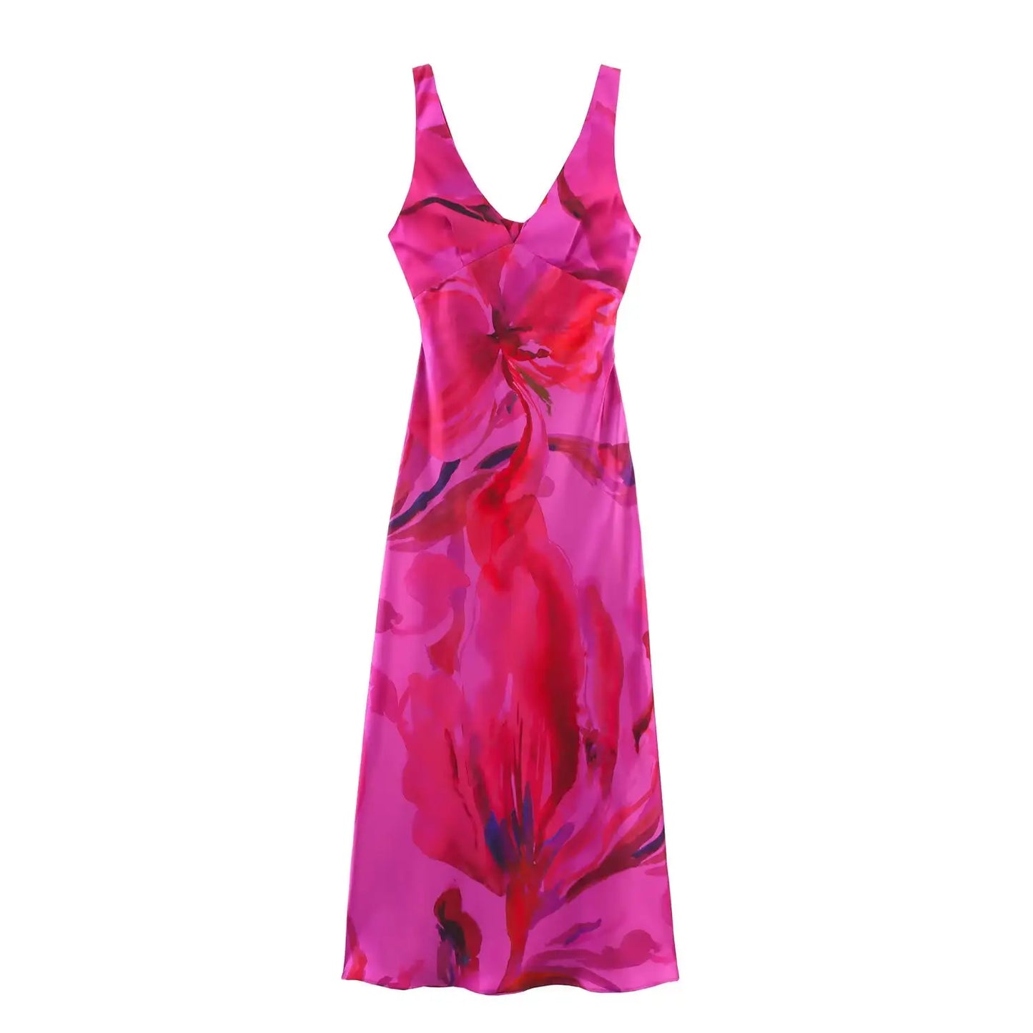 Robe à fleurs rose fuchsia à col en V