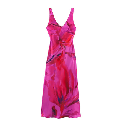 Robe à fleurs rose fuchsia à col en V