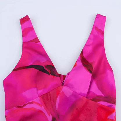 Robe à fleurs rose fuchsia à col en V