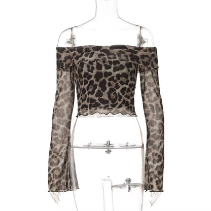 OFF-SHOULDER LEOPARD PRINT BELL SLEEVE TOP