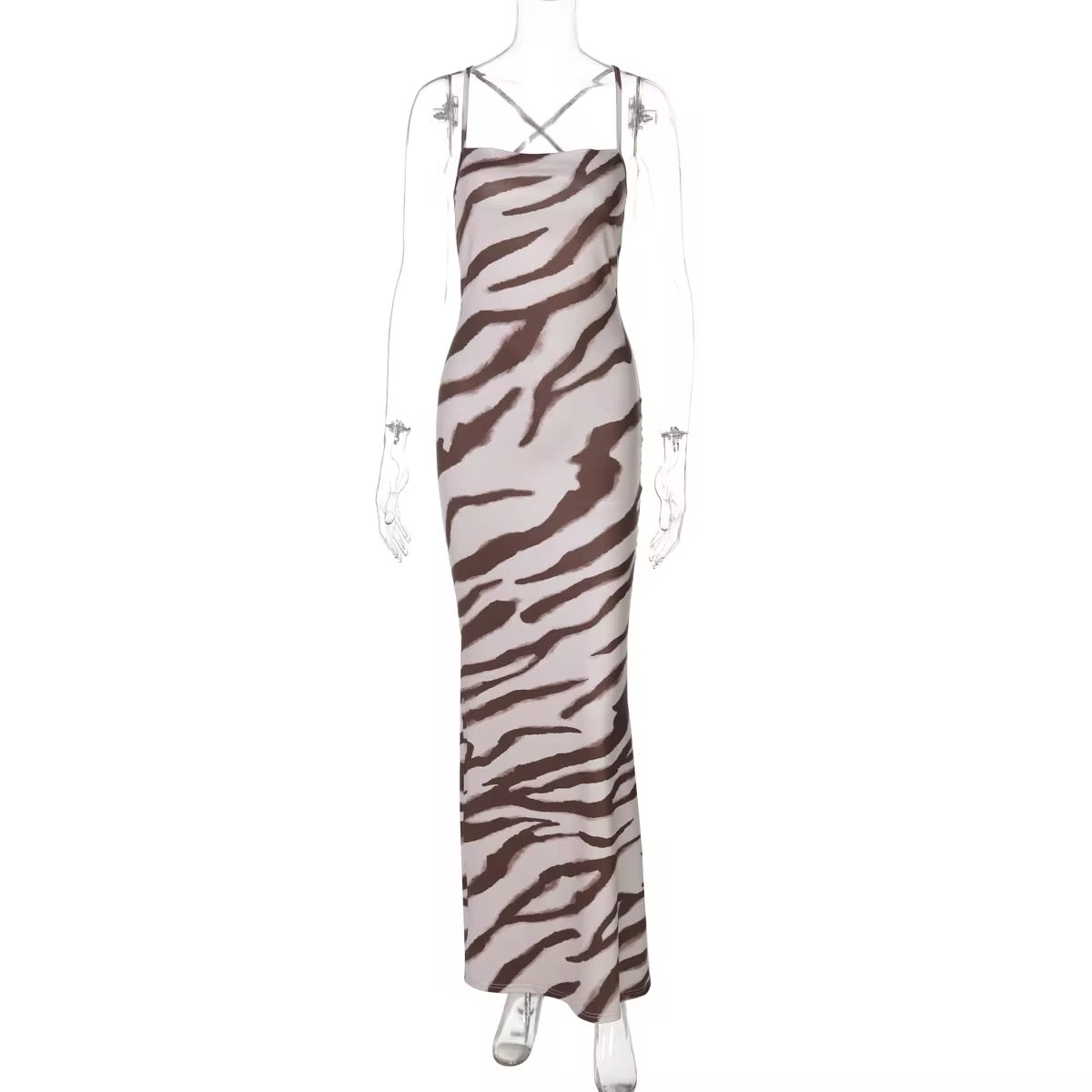 Zebra print dress on a mannequin against a white background