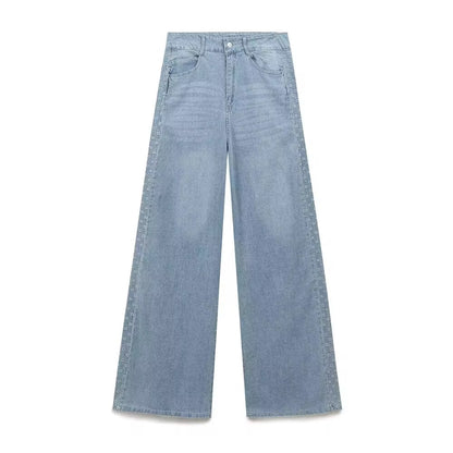 Embroidered Straight Wide-leg Jeans in Grey Blue