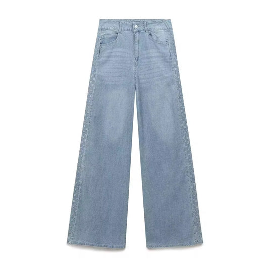 Embroidered Straight Wide-leg Jeans in Grey Blue