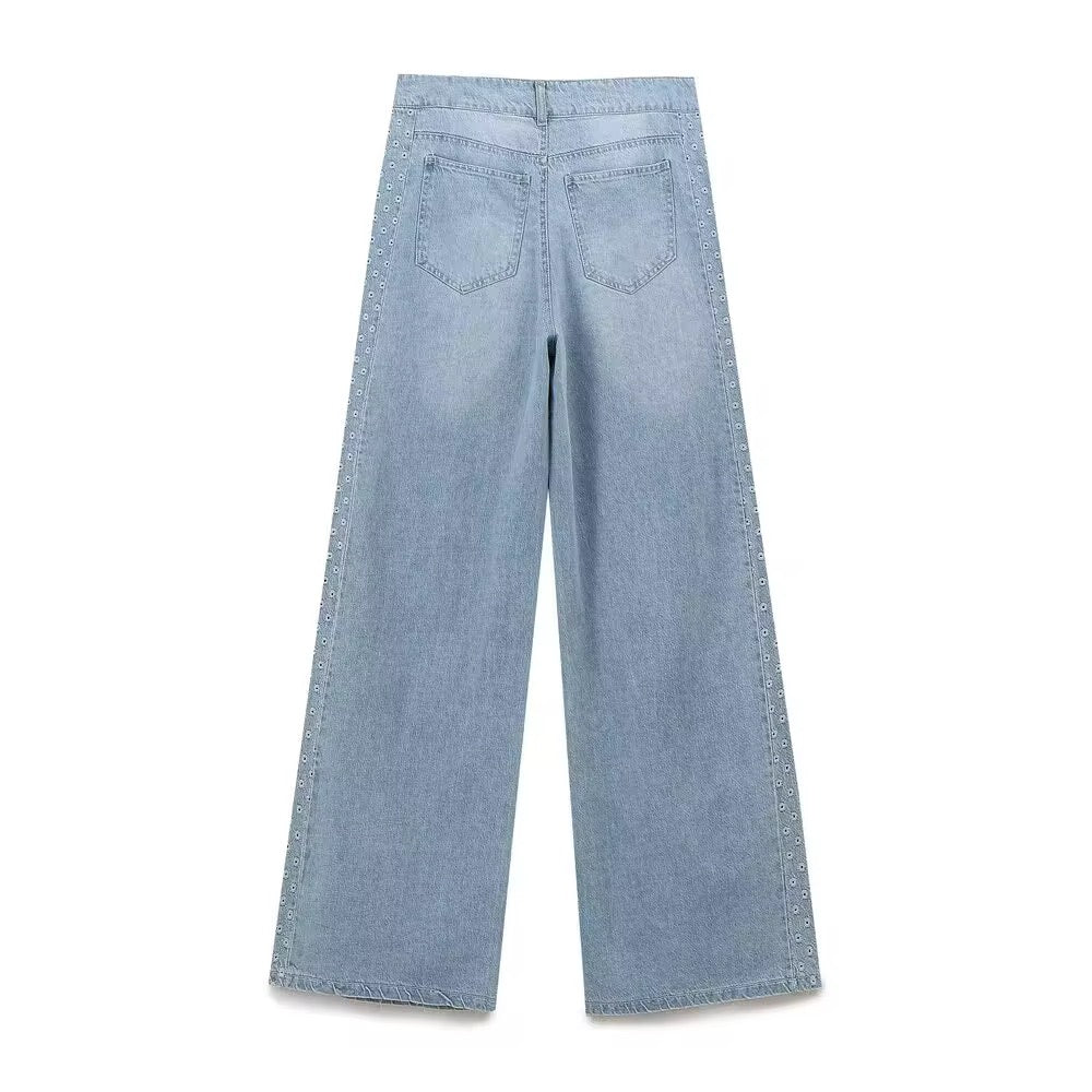 Embroidered Straight Wide-leg Jeans in Grey Blue