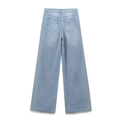 Embroidered Straight Wide-leg Jeans in Grey Blue