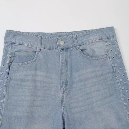 Embroidered Straight Wide-leg Jeans in Grey Blue