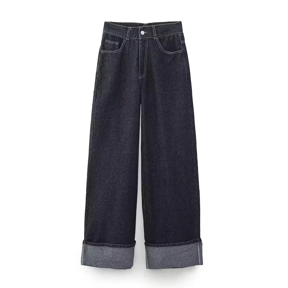 Cuffed Turn-up Straight High Waist Jeans in Navy Blue