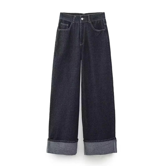 Cuffed Turn-up Straight High Waist Jeans in Navy Blue