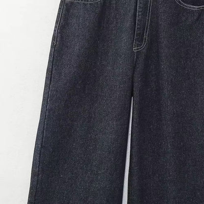 Cuffed Turn-up Straight High Waist Jeans in Navy Blue