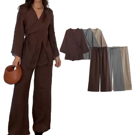 Woman wearing a brown outfit with matching pants