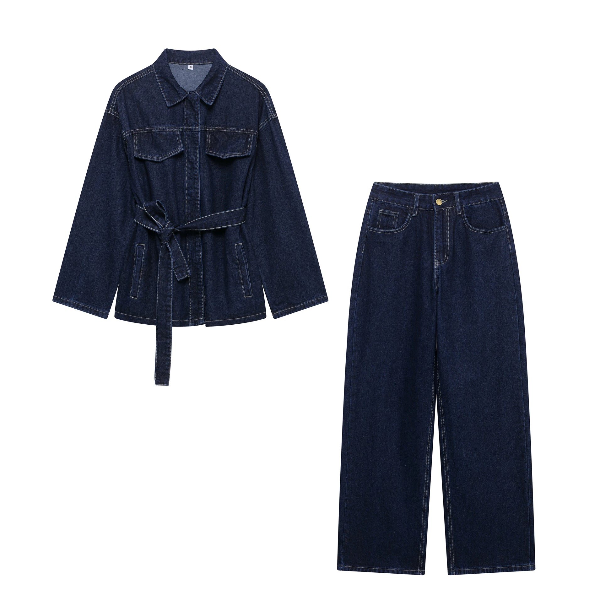 Navy denim jacket and pants set on a white background