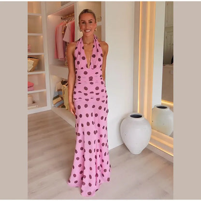 ATHENA POLKA DOT HALTER PINK MAXI DRESS