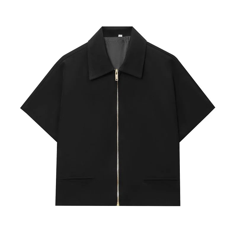Black short-sleeve jacket with a zipper on a white background