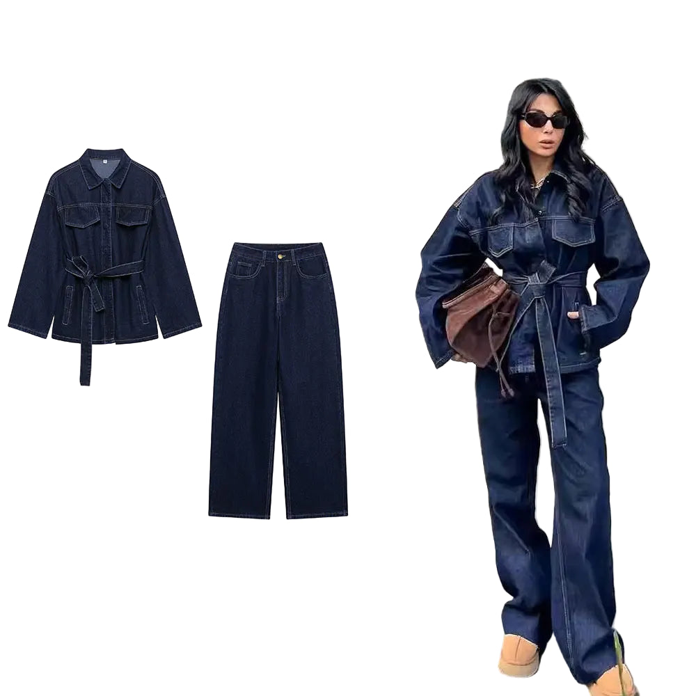Denim jacket and pants set with a person wearing them