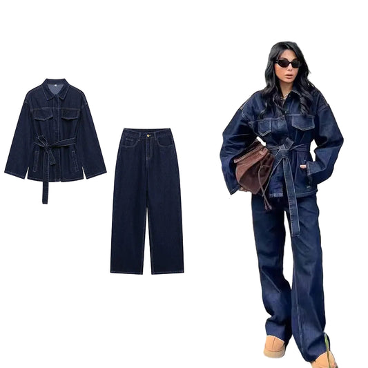 Denim jacket and pants set with a person wearing them