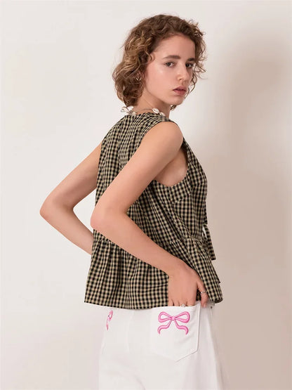 SLEEVELESS TIE-FRONT GINGHAM BLOUSE