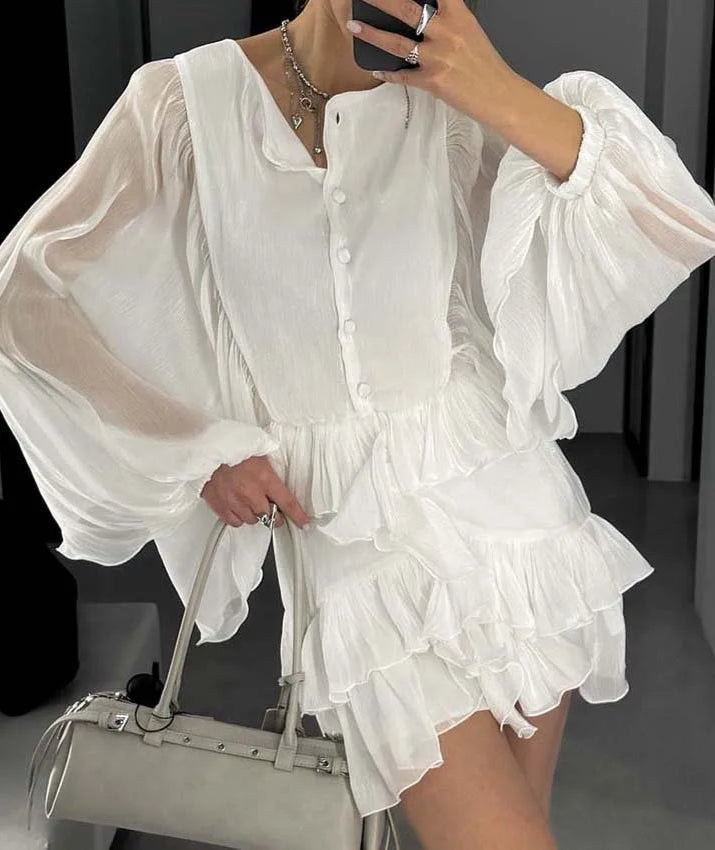 BATWING SLEEVE RUFFLED BLOUSE DRESS
