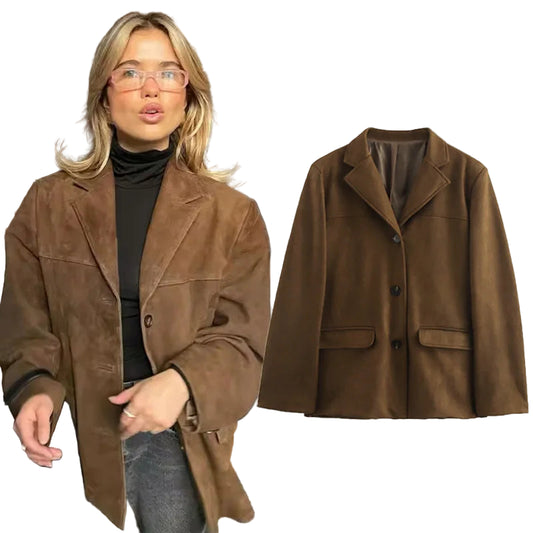 Person wearing a brown coat next to an image of the same coat on a white background