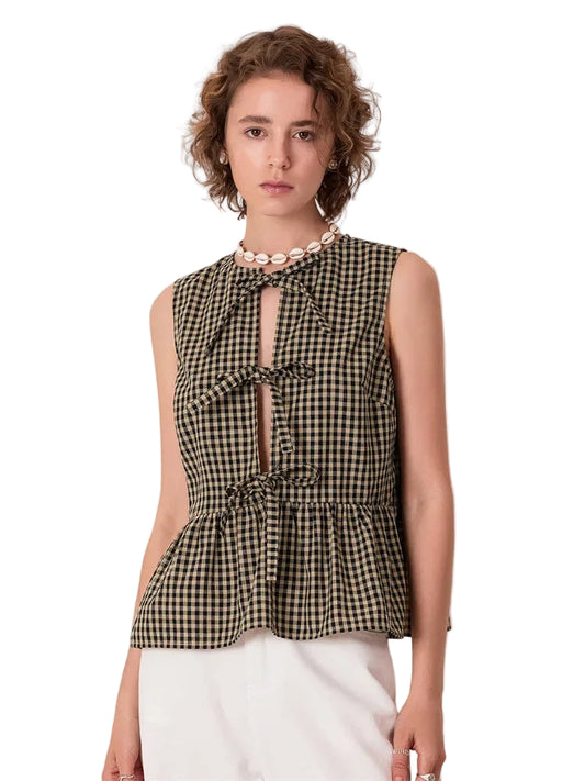 SLEEVELESS TIE-FRONT GINGHAM BLOUSE