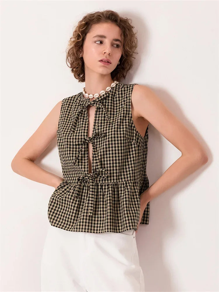 SLEEVELESS TIE-FRONT GINGHAM BLOUSE