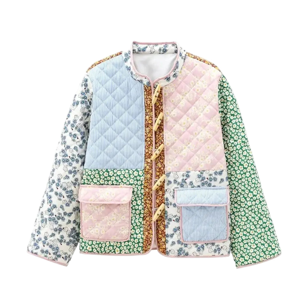 Colorful quilted jacket with floral patterns