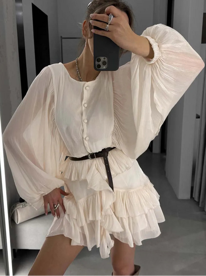 BATWING SLEEVE RUFFLED BLOUSE DRESS