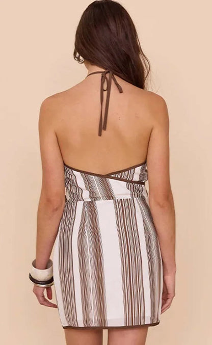 BROWN STRIPE HALTER DRESS