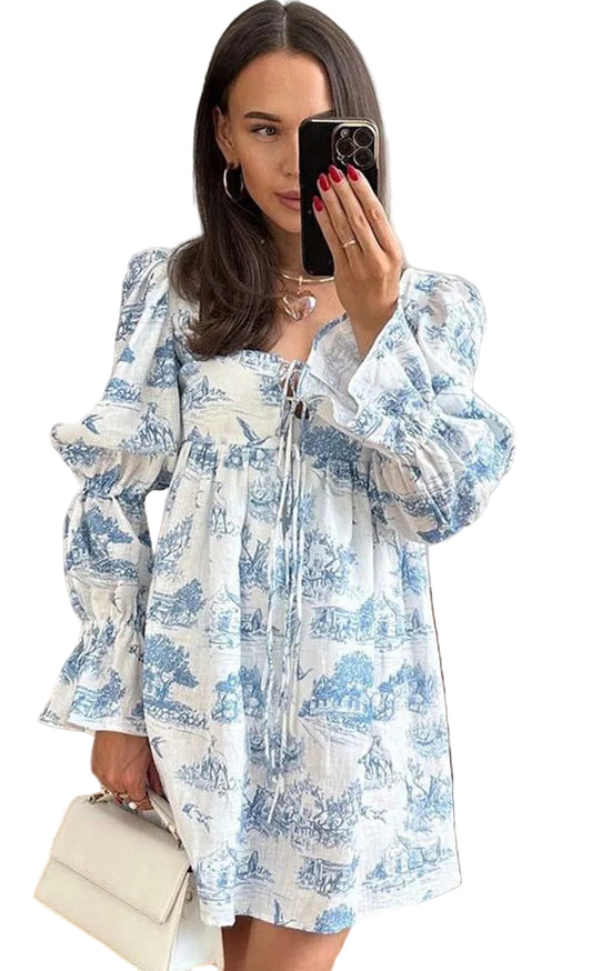 RUFFLED SLEEVE TIE-FRONT TOILE DRESS